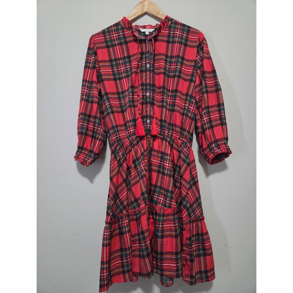 Simply Southern Mini Red Plaid Tassel Tiered Ruffle‎ Holiday Dress Small Womens
